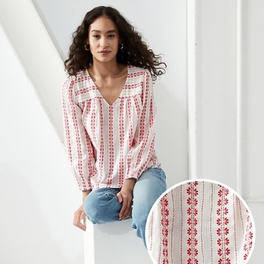 Banana republic FLORAL JACQUARD PEASANT-SLEEVE BLOUSE red and white XS